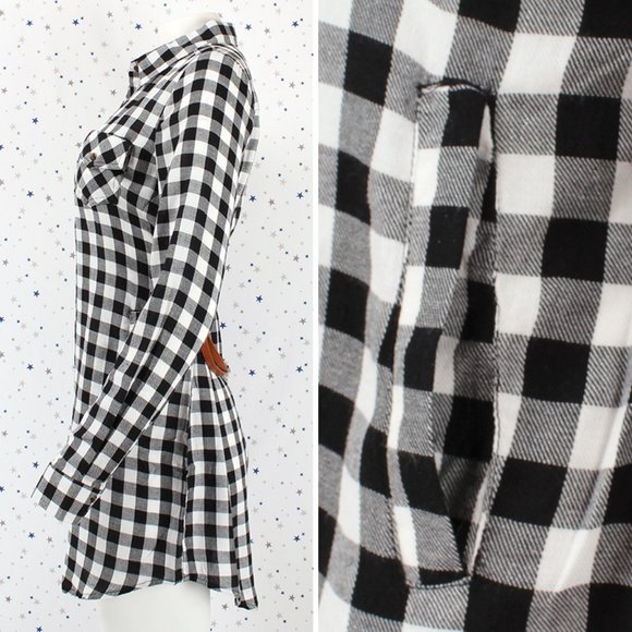 Plaid Shirt Dress with Belt White Black Small - Picture 5 of 8